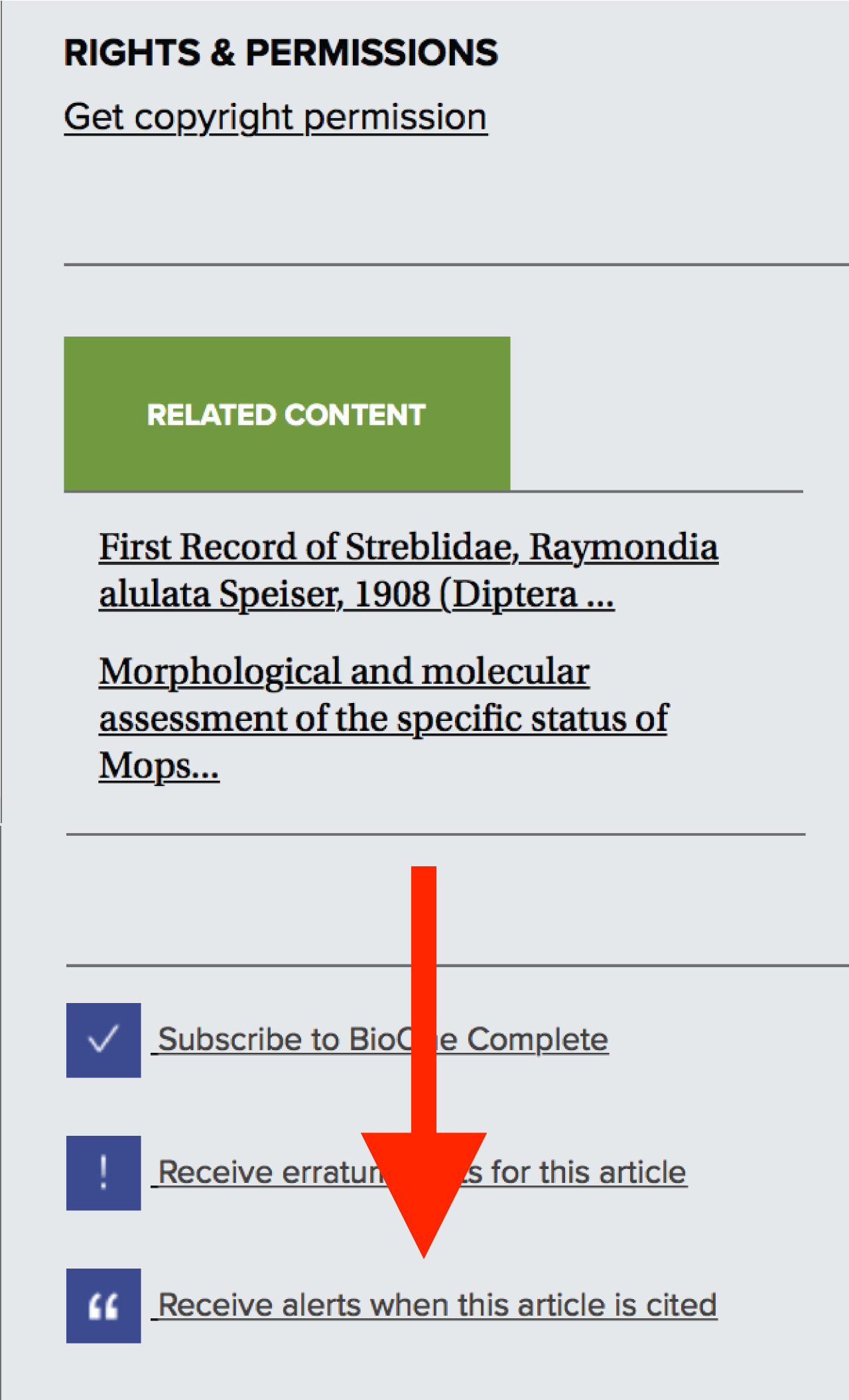 A screenshot of the right sidebar on an article's page. A red arrow points to a link reading "Receive alert when this article is cited."