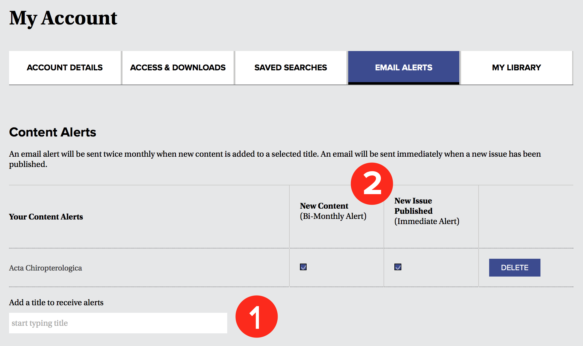 A screenshot of the Content Alert portion of the Email Alert tab. A number 1 indicates the field to enter journal titles, and a number 2 indicates the alert frequency options.