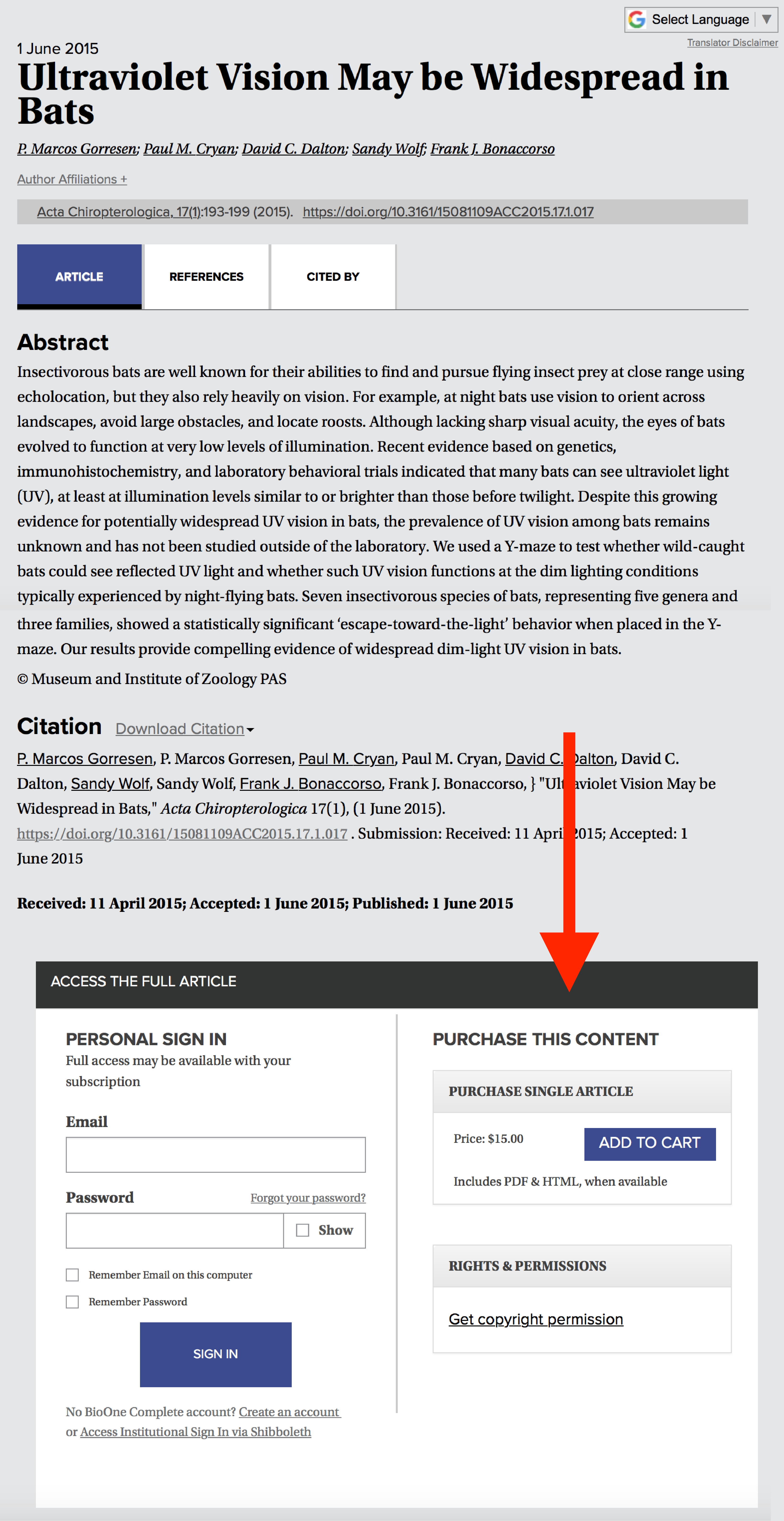 A screenshot of an article page with a red arrow indicating the Purchase Article option.