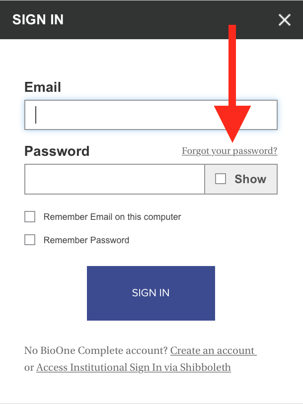 A screenshot of the Sign In pop-up. A red arrow points to a link titled "Forgot your password?"