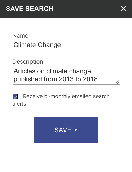 A screenshot of the Save Search pop-up, with fields to name and describe the search. There is a checkbox at the bottom to sign up for bi-monthly email alerts.