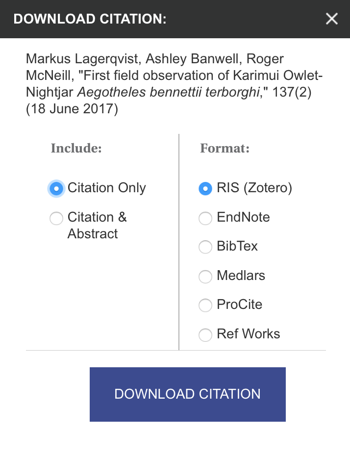 A screenshot of the Citation Download pop-up, displaying the citation format options.