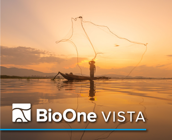 BioOne VISTA. Thai fisherman stands in front of an orange sky, on a small wooden boat with the shore in view. 