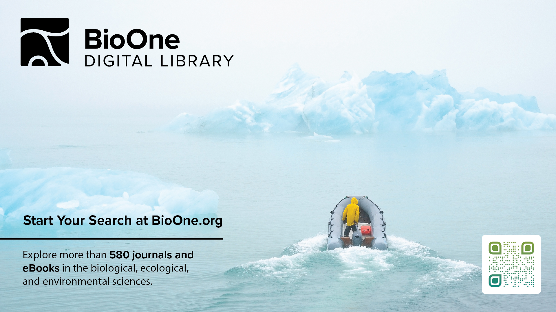 BioOne Digital Library Slide featuring a researcher on a boat going toward an iceberg