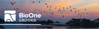 BioOne eBooks logo. Background is a flock of birds flying over a body of water with a tree-lined shore