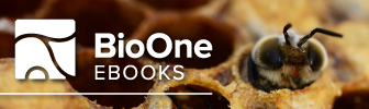 BioOne eBooks logo. Background is a bee larva emerging from honeycomb.