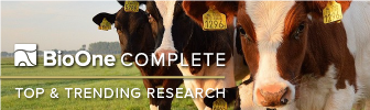 BioOne Complete logo. Top & Trending Research. Background is a closeup of a group of cows, looking straight ahead